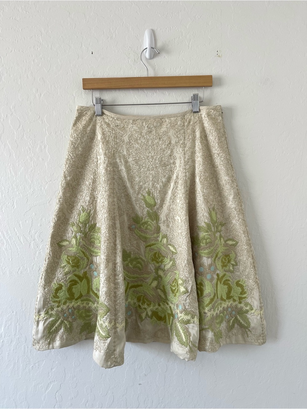 Johnny Was BIYA Tan Green Embroidered Midi Skirt